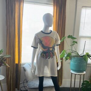 Urban Outfitters White Mesh Graphic Short Sleeve Tee with Sunset Print